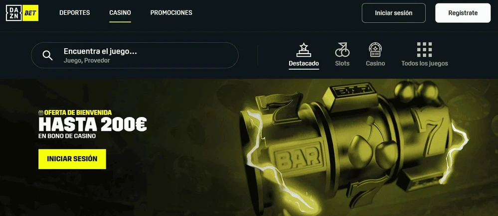 DAZN Bet casino: una pantalla de inicio de la home con sus principales servicios. 