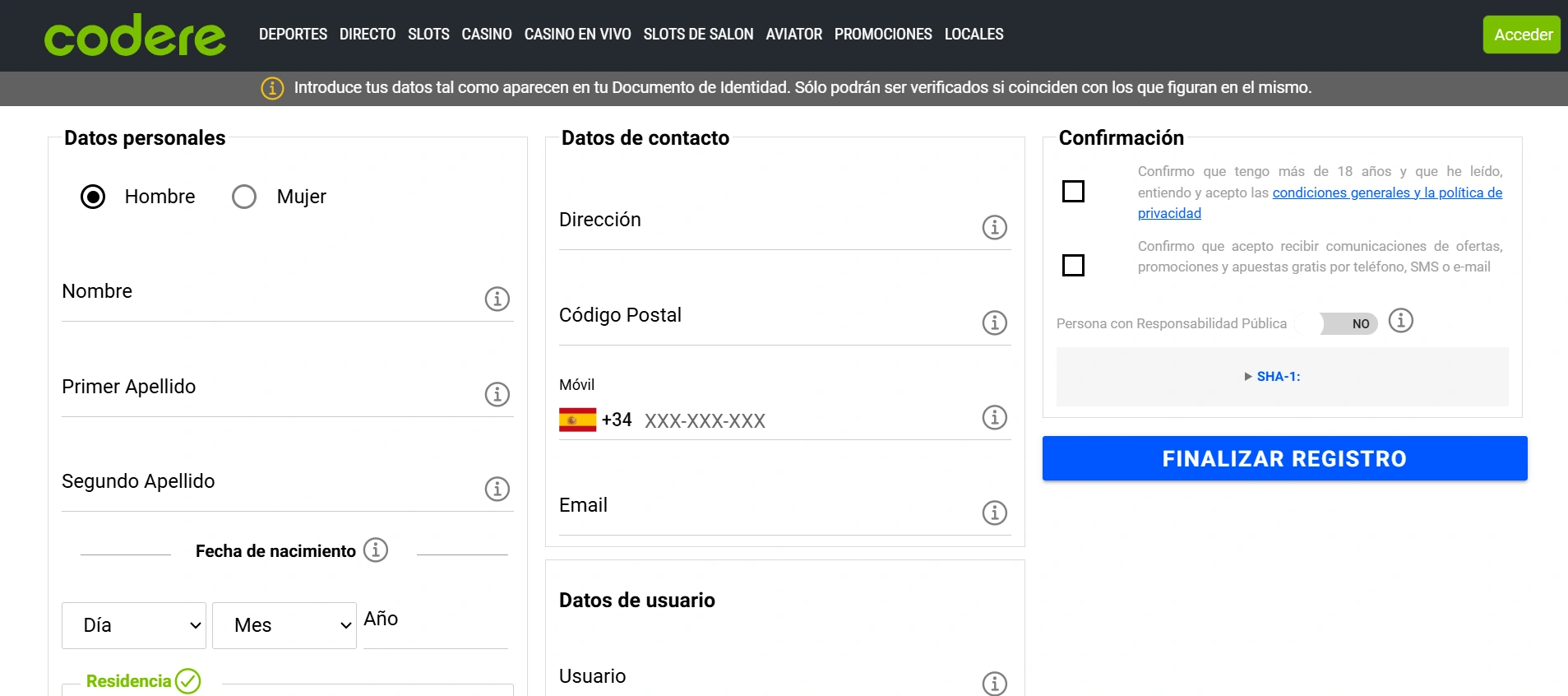 Codere casino registro