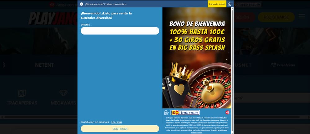 La pantalla de inicio de la plataforma online de Playjango, con su proceso de registro de usuario.
