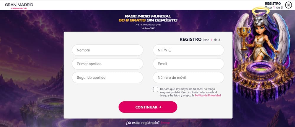 Registro para disfrutar del bono de bienvenida de Casino Gran Madrid