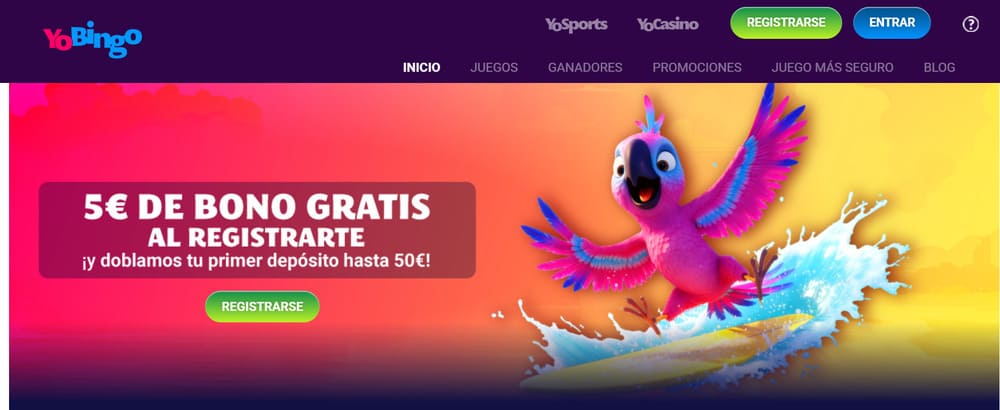 Pantalla de inicio de YoBingo con acceso a YoCasino y YoSports