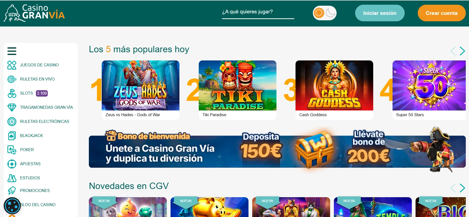 Casino Gran Vía: una imagen de la pantalla de inicio de su página web.