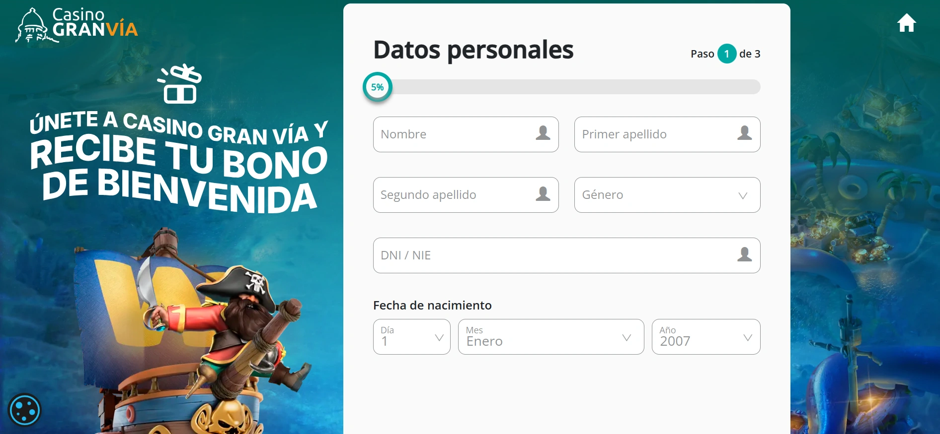 Casino Gran Vía online: proceso de registro en el que se piden los datos personales.
