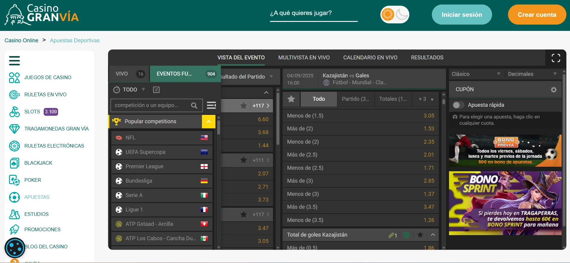 Casino Gran Vía: una imagen del apartado de apuestas deportivas en directo.