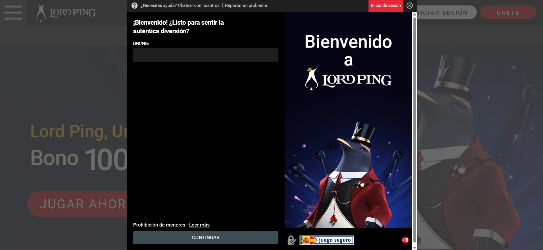 Lord Ping login: una imagen de un formulario de registro a la plataforma.