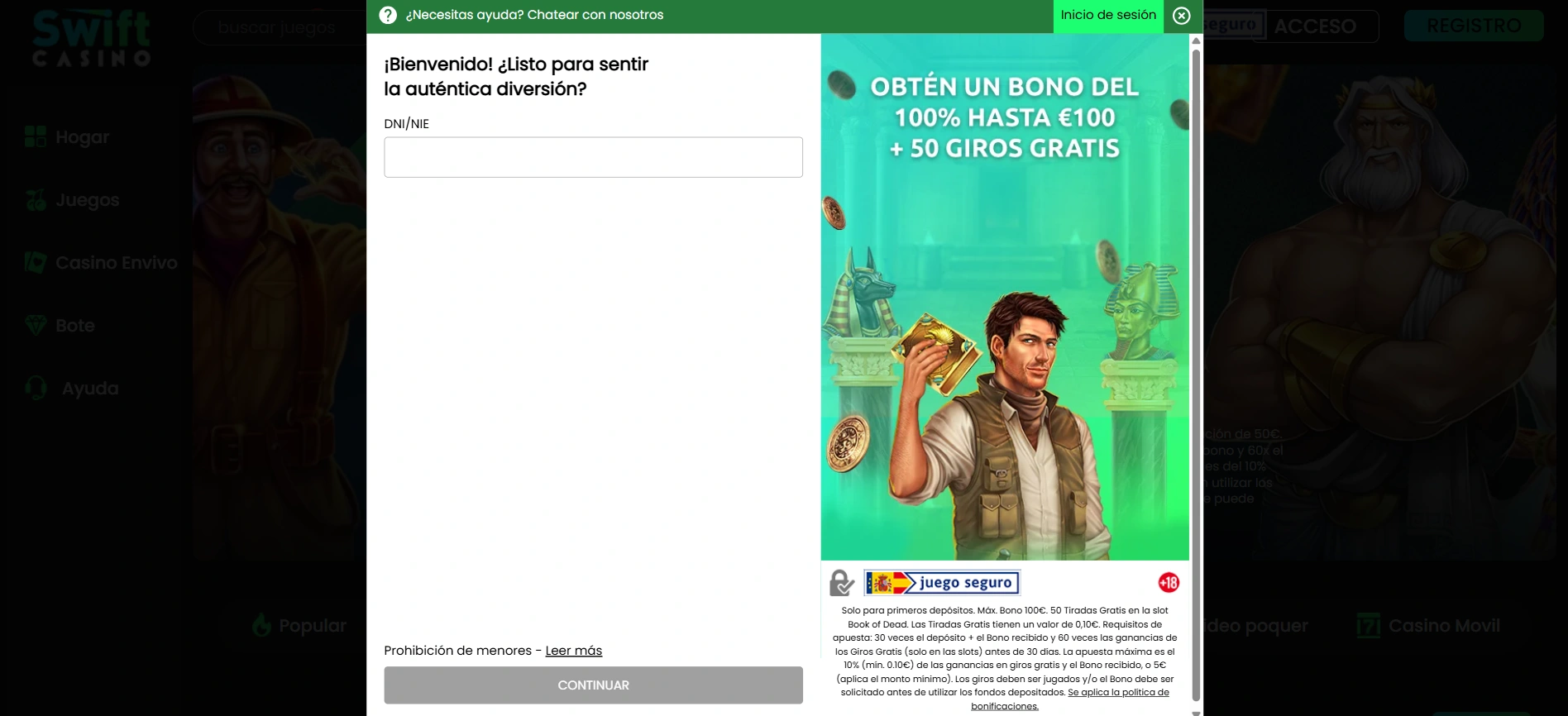 Swift casino login: una imagen del formulario de registro de su web.