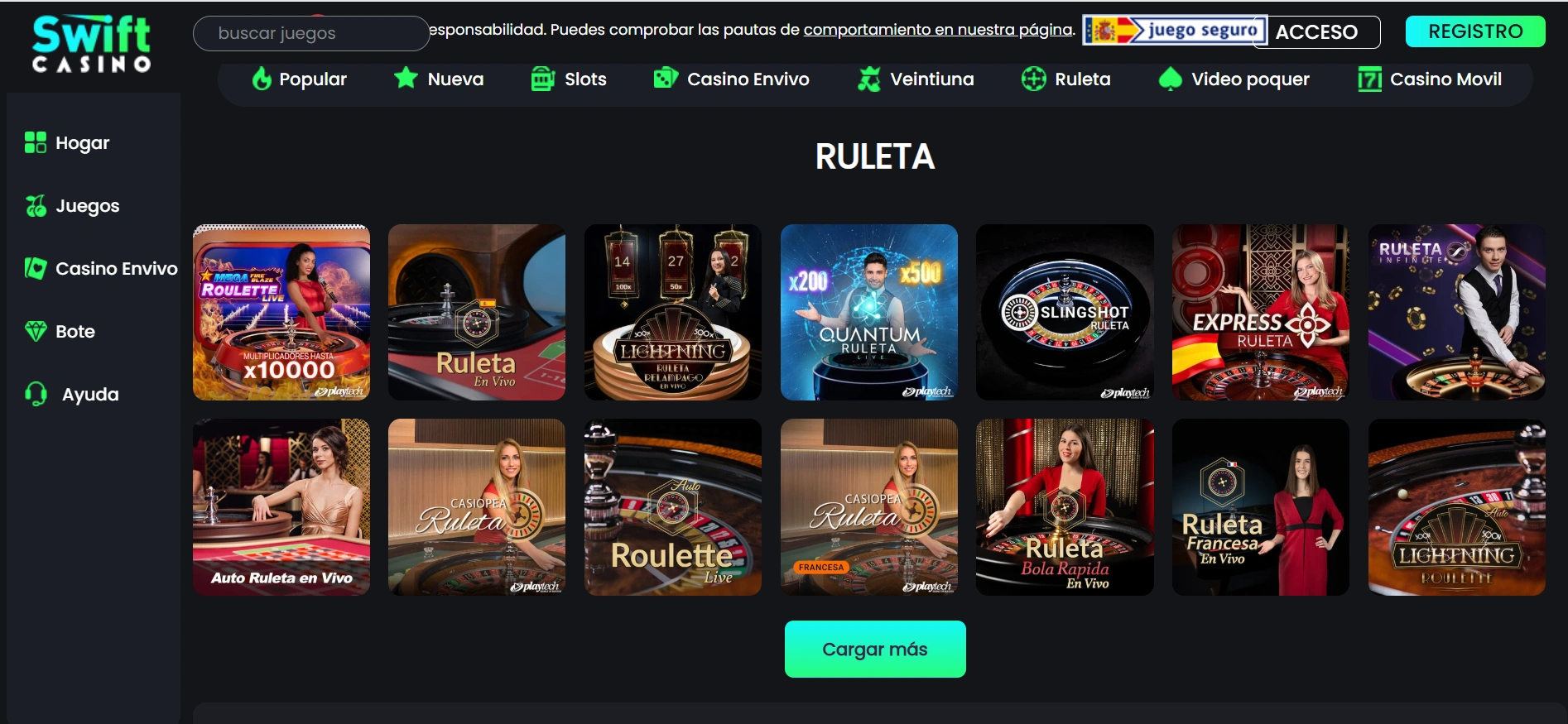 Ruleta de Swift Casino: un catálogo con las opciones de juego disponibles.