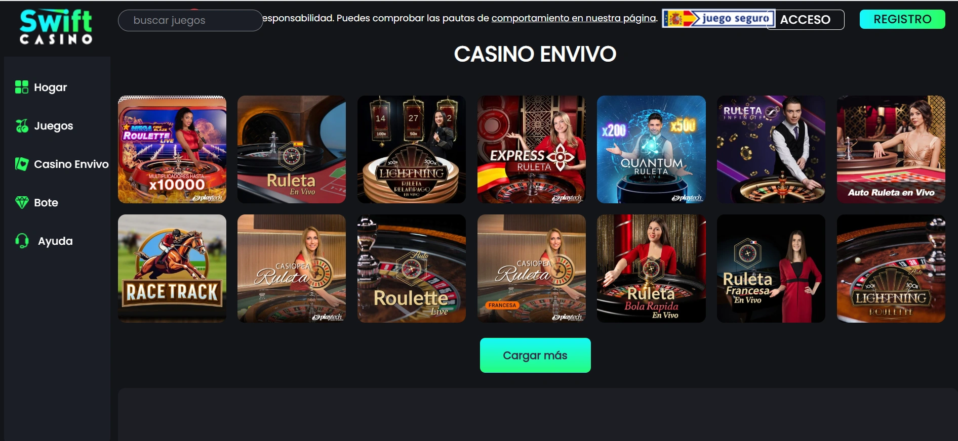 Casino en vivo en Swift Casino: un menú con diferentes opciones de juegos.