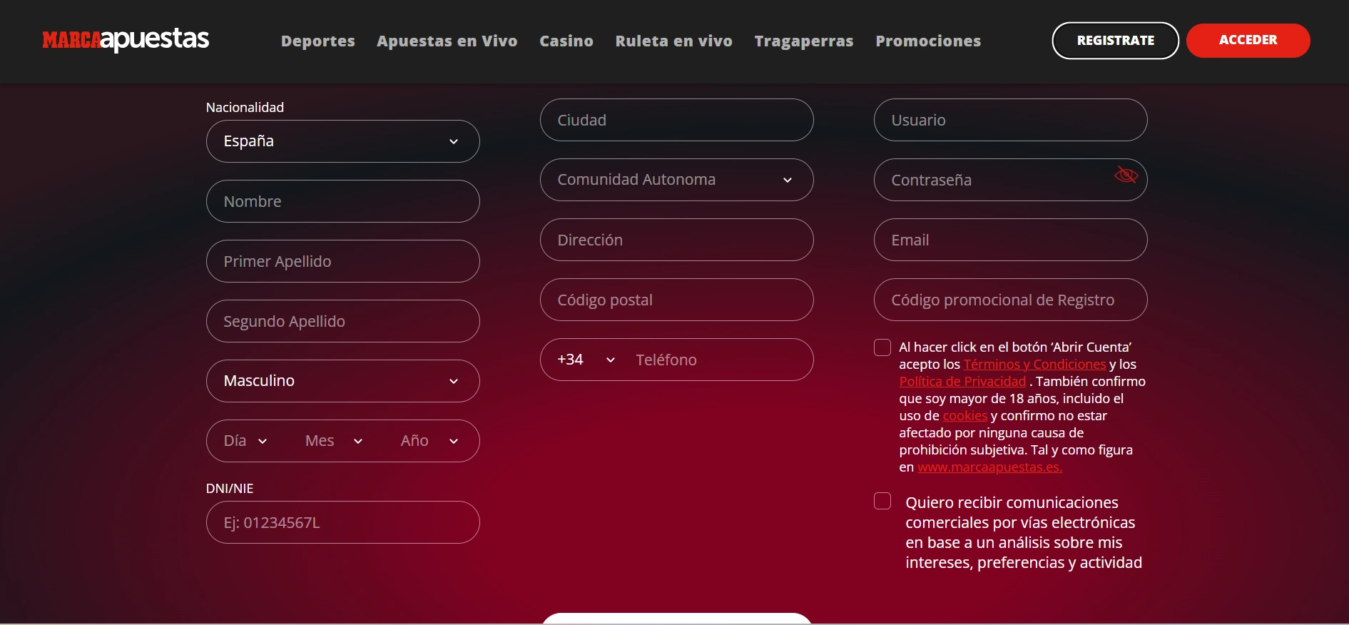 MarcaApuestas login: una imagen del formulario de registro en el que se piden datos personales del jugador para poder entrar.