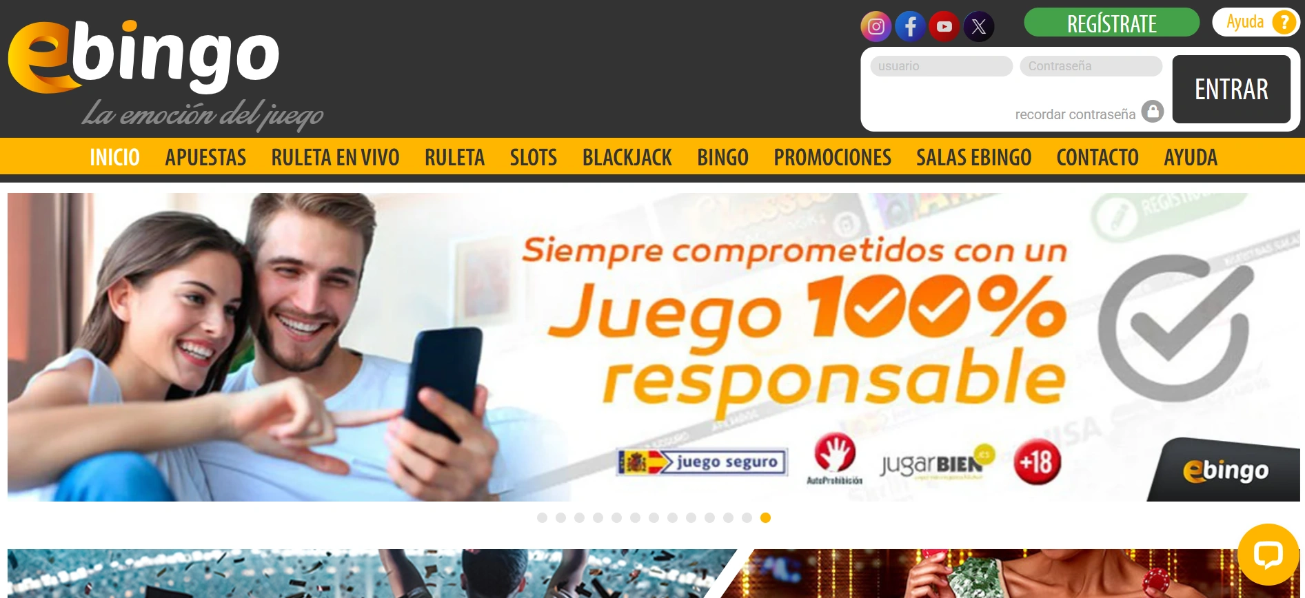 eBingo casino: una imagen de su pantalla principal, con su menú, y todas sus categorías de juegos disponibles. 