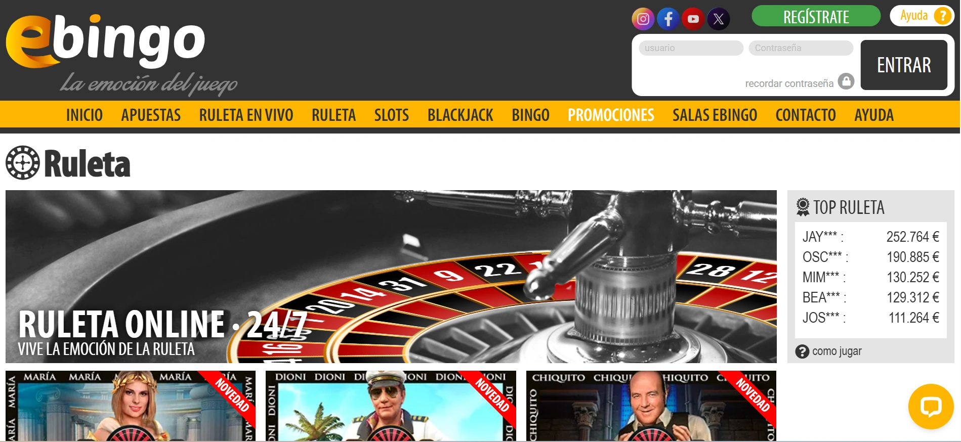 Ruleta eBingo: una imagen que muestra la opción de ruleta en la plataforma, con sus diferentes modalidades de juego. 