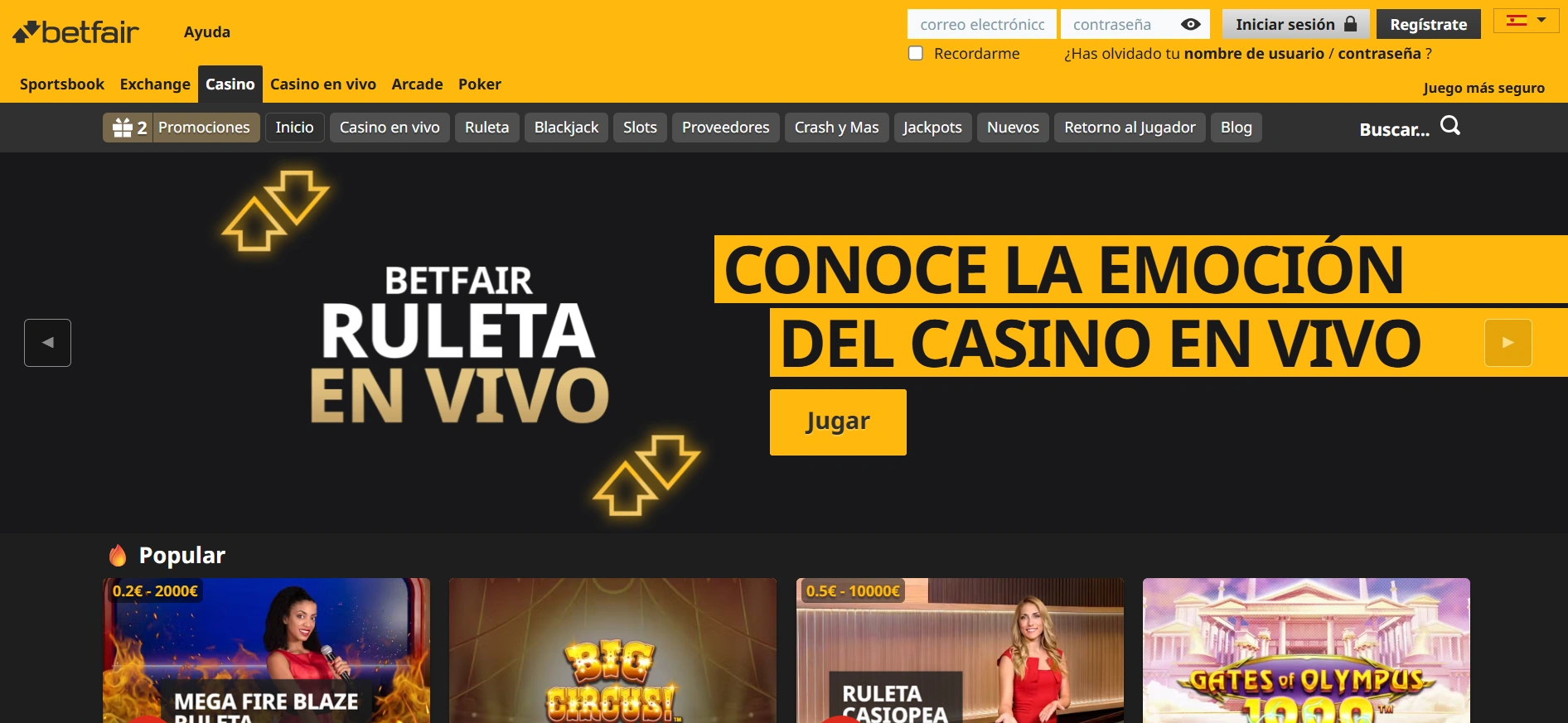 Betfair casino: una imagen de la página principal de la plataforma.