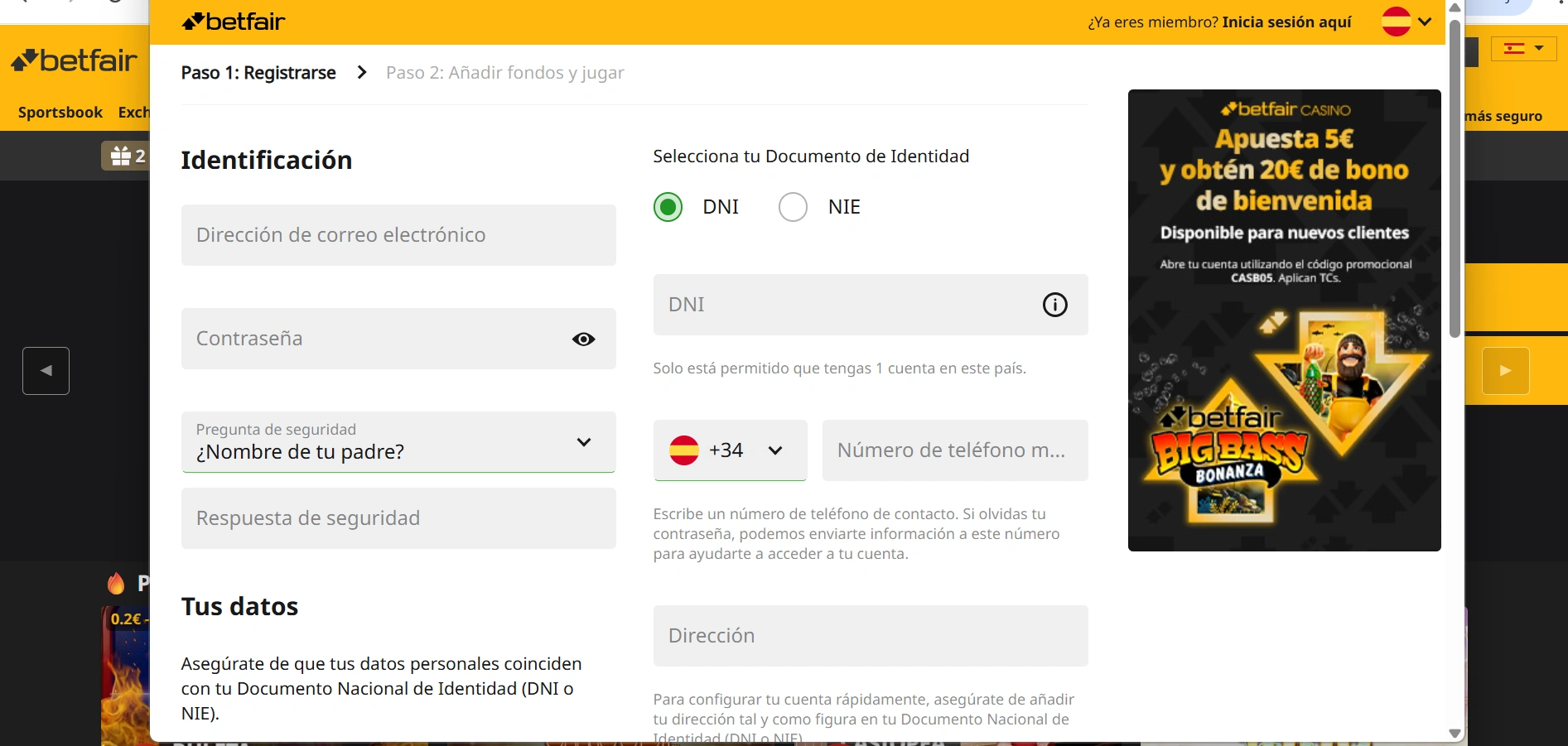 Betfair casino login: una imagen del formulario de registro que tiene la plataforma.
