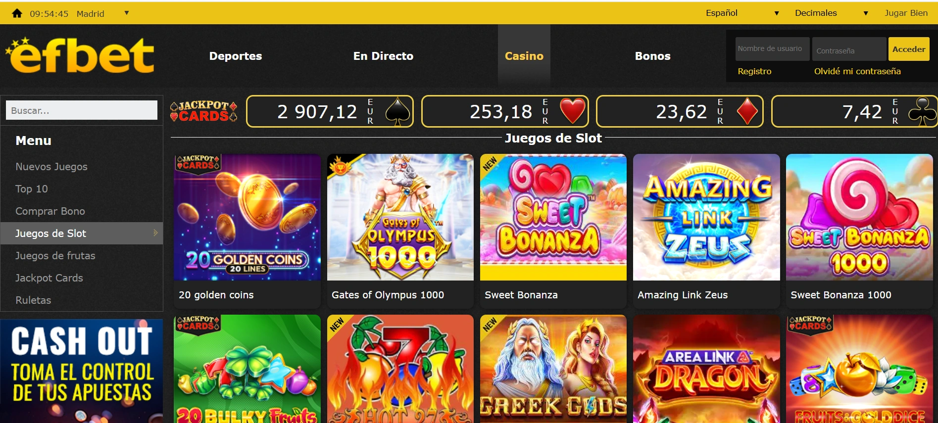 Efbet casino: una imagen que muestra la página principal de su web con todas las opciones disponibles. 