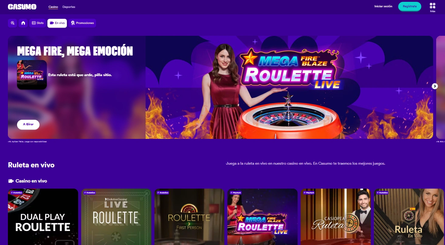 Casumo casino: una imagen de la plataforma en la opción de ruleta. 