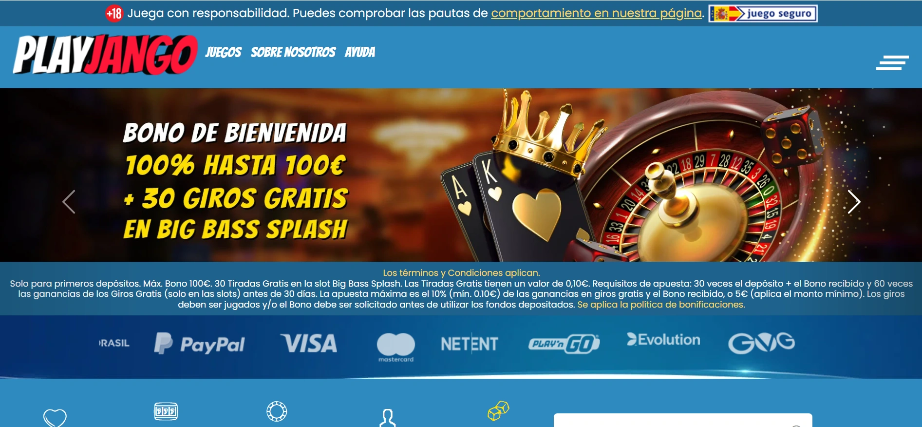 Pantalla de inicio de Play Jango España con todas las opciones de juego.
