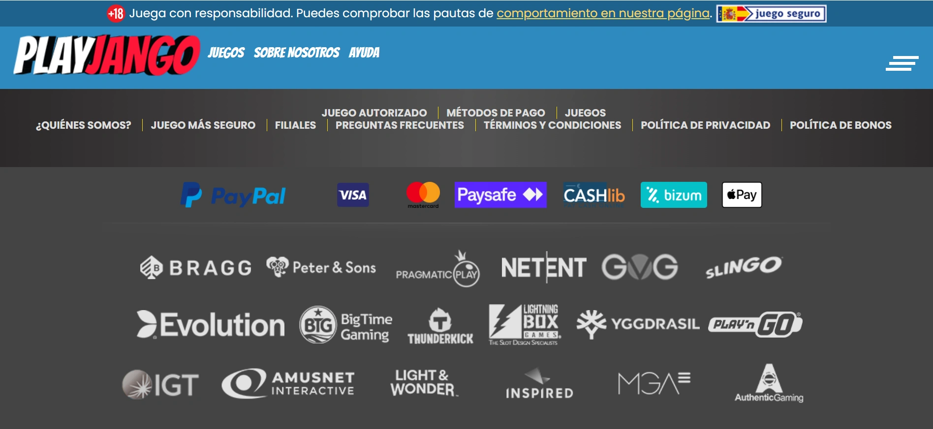 Play Jango España, un listado de formas de pago disponibles y de proveedores.