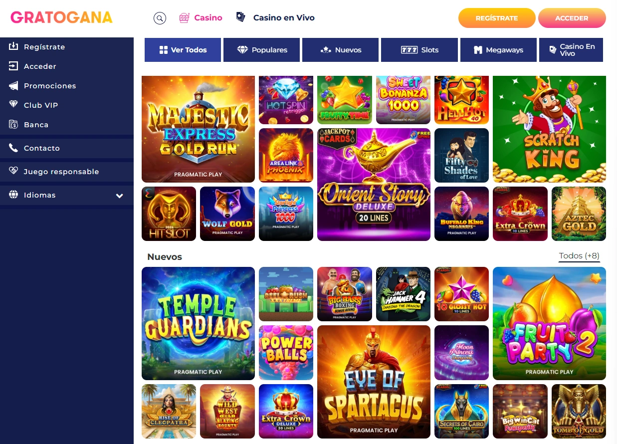 Gratogana página de Juegos y Slots